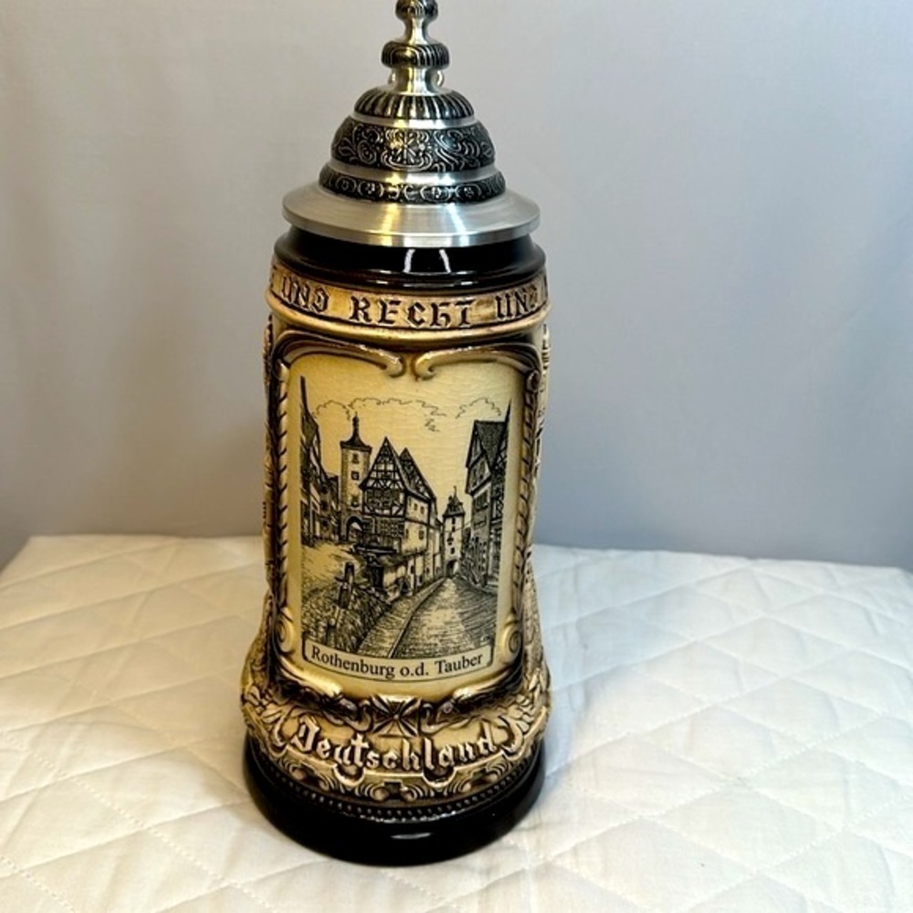 Rothenburg German Beer Stein Rustic Natural With Silver Tone Pewter Cup Vintage - Picture 13 of 15
